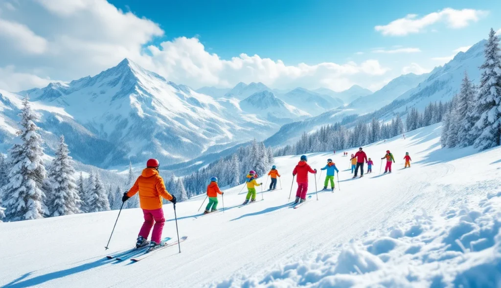 Skiers of different levels learning to ski on a snow-covered slope